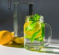 A mug filled with water and ice cubes, sliced Ã¢â¬â¹Ã¢â¬â¹lemon and mint leaves and a transparent decanter with water in the background Royalty Free Stock Photo